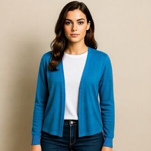 J JILL Cardigan Sweater Size Small Blue Linen Cotton Blend Open Front